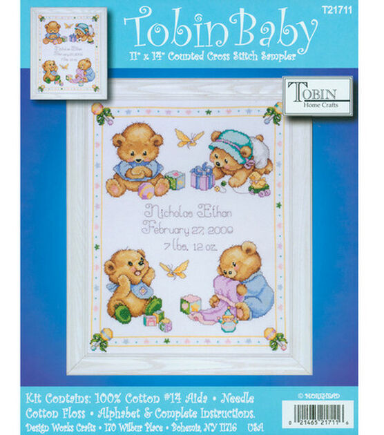 Tobin 11" x 14" Baby Bears Birth Record Counted Cross Stitch Kit