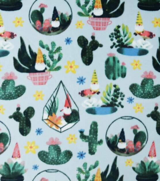 Home Grown Cacti & Gnomes on Blue Anti Pill Fleece Fabric, , hi-res, image 1