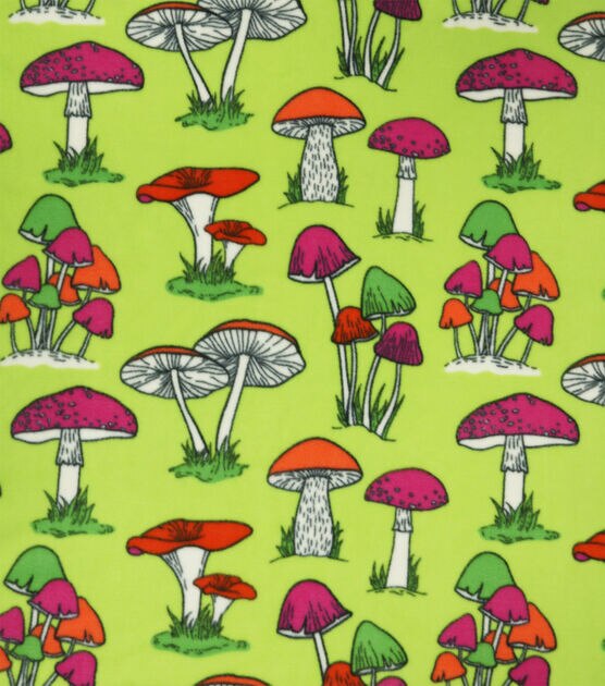 Funky Mushrooms on Green Anti Pill Fleece Fabric