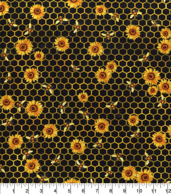 Hi Fashion Honeycomb Florals Black Premium Print Cotton Fabric, , hi-res, image 2