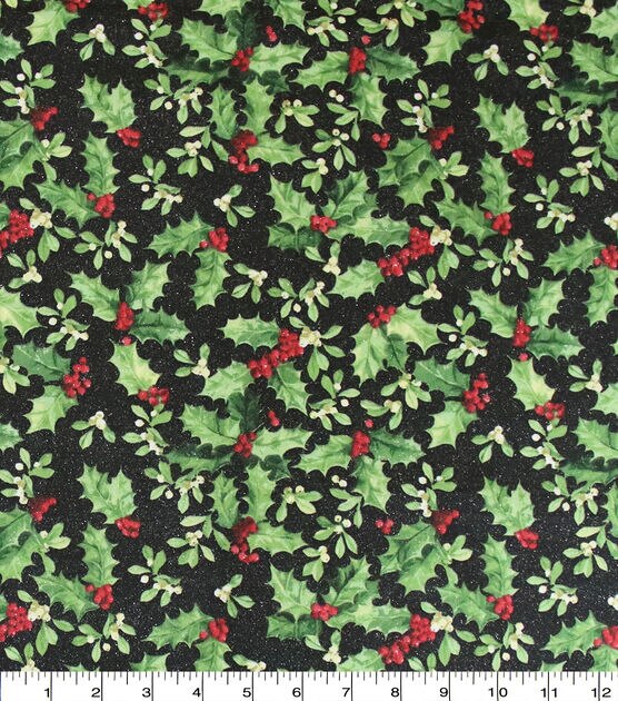 Holly Leaves on Black Christmas Glitter Cotton Fabric