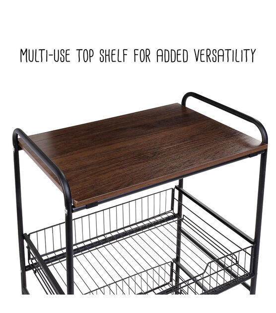 Honey Can Do 34" Black & Walnut 3 Tier Cart With Wood Shelf & Baskets, , hi-res, image 17