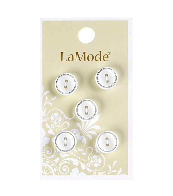La Mode 7/16" White Round 2 Hole Buttons With Silver Rim 5pk
