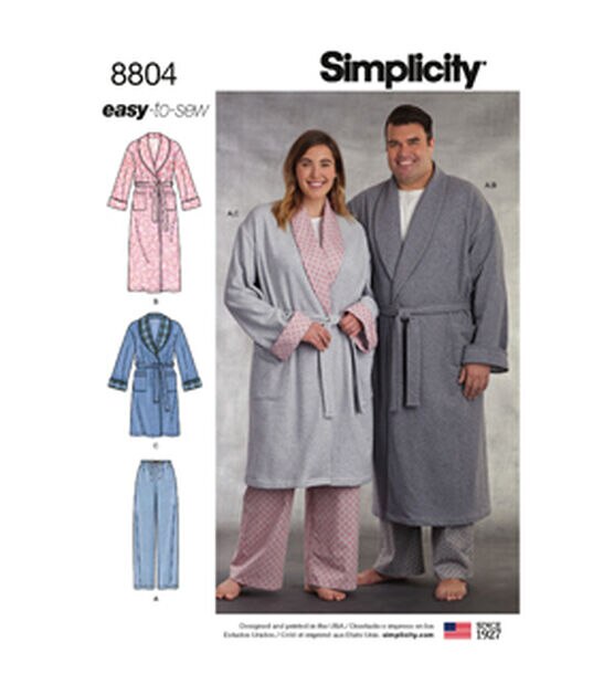 Simplicity S8804 Size S to 3XL Unisex Sleepwear Sewing Pattern, , hi-res, image 1