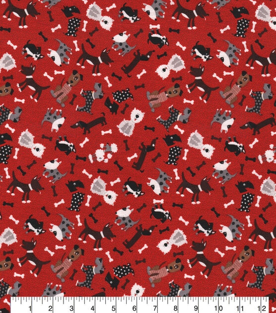 Novelty Cotton Fabric  Tossed Dogs On Red