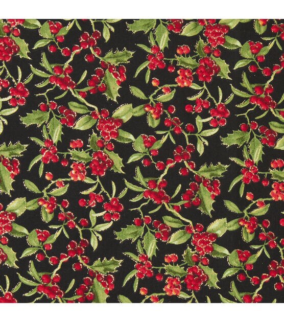 Fabric Traditions Glitter Holly Leaves & Berries Christmas Cotton Fabric