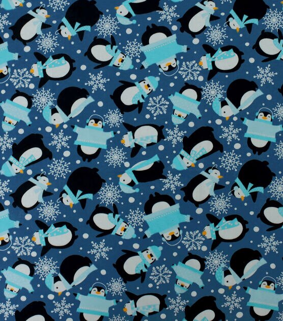 Penguins & Snowflakes on Blue Super Snuggle Christmas Flannel Fabric, , hi-res, image 1