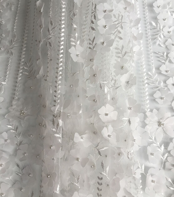 Bridal Polyester Embellished Fabric Trailing Floral with Pearls, , hi-res, image 3