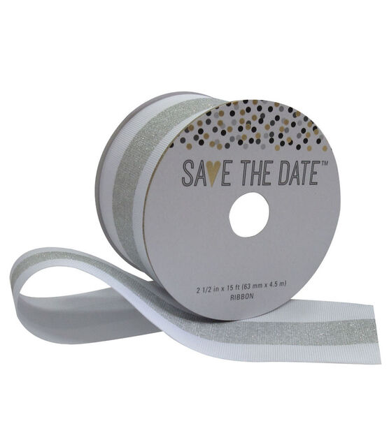 Save the Date 2.5" X 15' White Striped Glitter Ribbon Glitter
