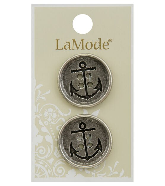 La Mode 1" Antique Silver Anchors Round 4 Hole Buttons 2pk