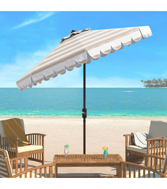 Safavieh 9' Maui Beige & White Scallop Button Tilt Patio Umbrella, , hi-res, image 2