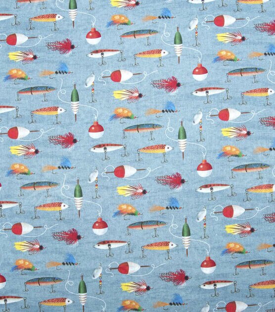 Blue Fishing Hooks & Bobbins Novelty Prints Cotton Fabric