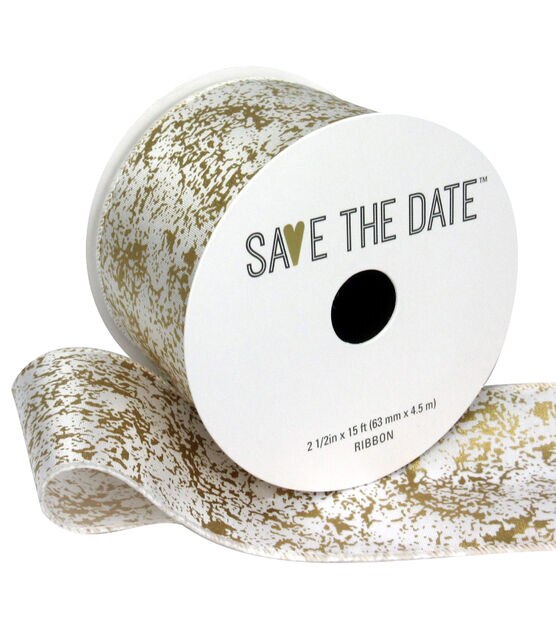 Save the Date 2.5" x 15' Gold Marble on White Ribbon