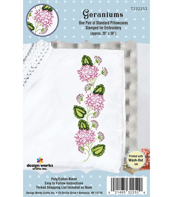 Design Works 30" x 20" Geraniums Pillowcase Stamped Embroidery Kit 2pk