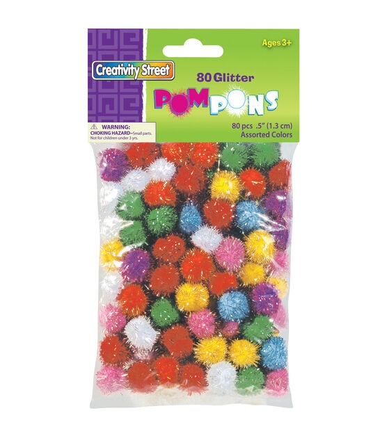 Pom Poms Glitter Pack 80 Pkg Assorted Colors & Sizes