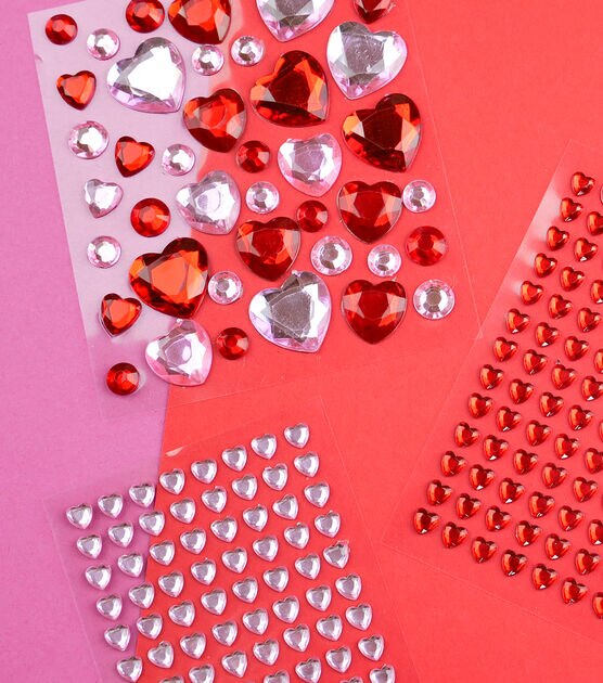 Red and Silver Adhesive Heart Gems 74 Pack