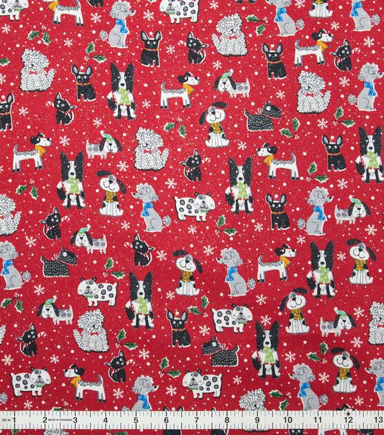 Doggies on Red Christmas Glitter Cotton Fabric