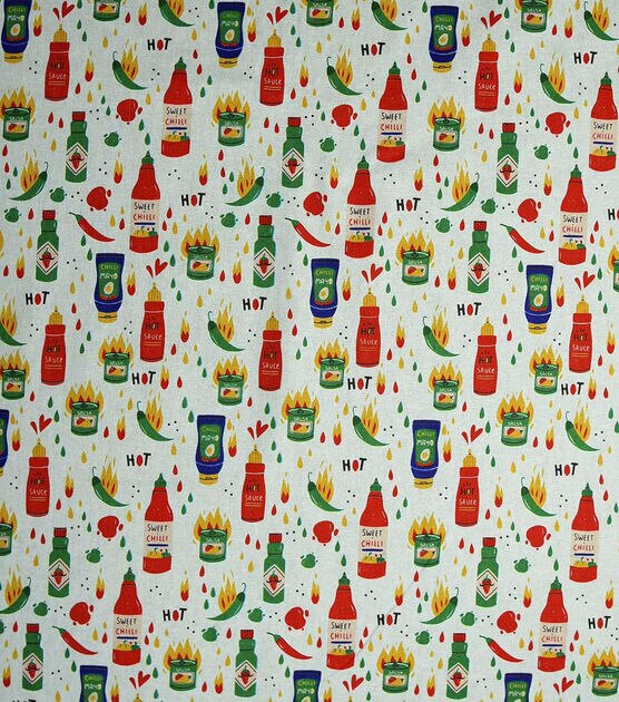 Hot Sauces On White Novelty Print Fabric, , hi-res, image 1