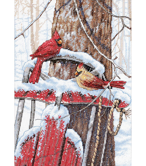 Dimensions 10" x 14" Cardinals on Sled Counted Cross Stitch Kit
