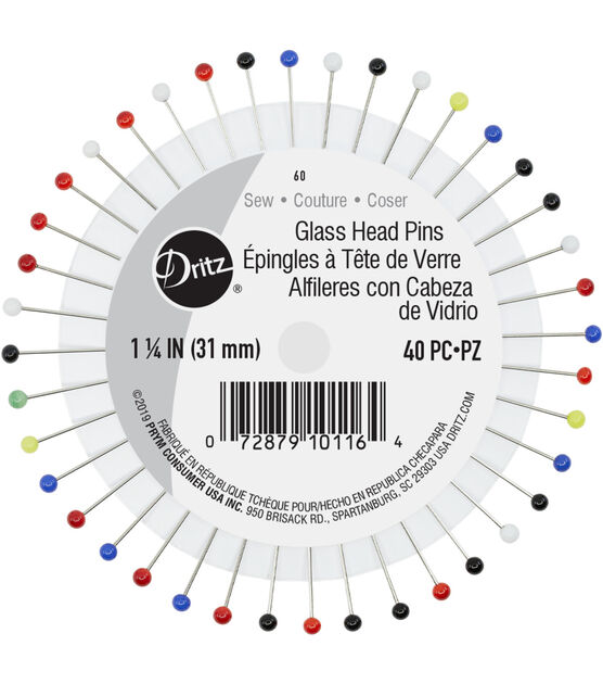 Dritz 1-1/4" Glass Head Pins, Assorted, 40 pc