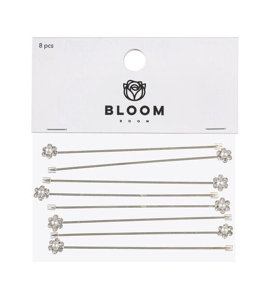 Bloom Room 8pk Floral Pins with Clear Glass Stones & Pearl Flower - Floral Tools - Floral Craft Supplies & Materials