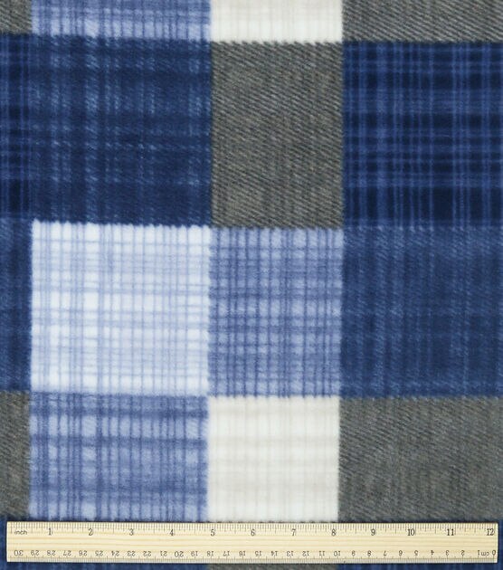 Blue & Gray Sketched Plaid Anti Pill Fleece Fabric, , hi-res, image 3