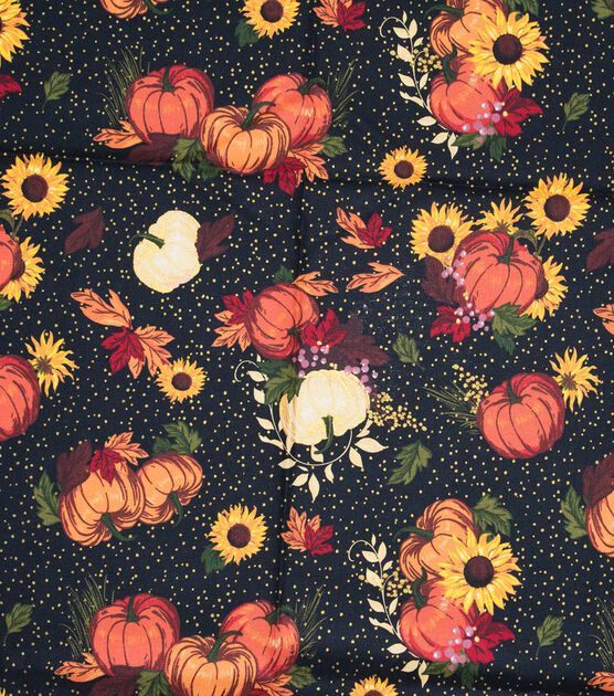 Flowers & Pumpkins On Black Dot Fall Print Cotton Fabric, , hi-res, image 2