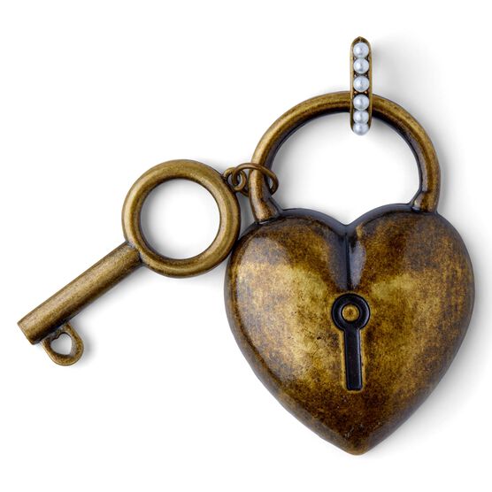 3" x 2" Antique Gold Heart Lock & Key Pendant by hildie & jo, , hi-res, image 2