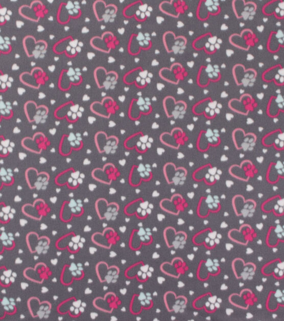 Blizzard Fleece Fabric Pink Gray Paws And Hearts, , hi-res, image 2