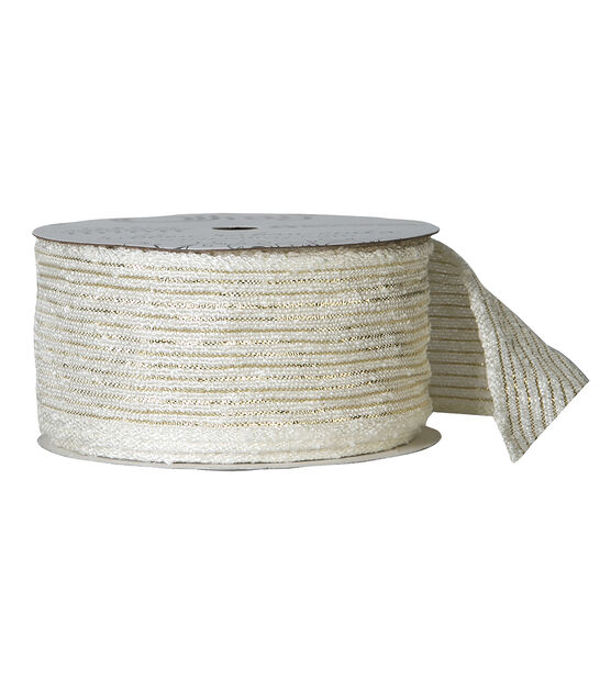 Offray 1.5"x9' Metallic Stripe Woven Ribbon Antique White and Gold, , hi-res, image 1