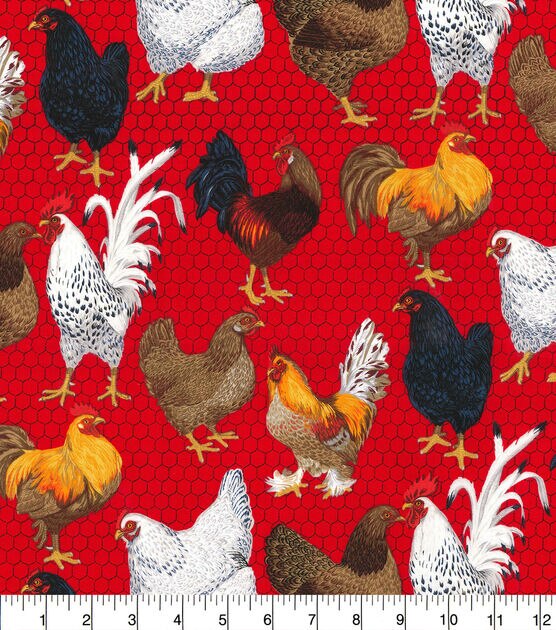 Fabric Traditions Novelty Cotton Fabric Farm Chickens on Red