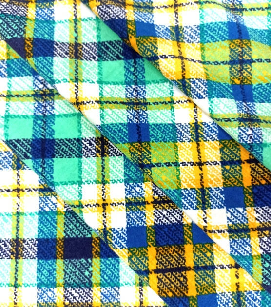Green Blue Yellow Textured Bias Plaid Super Snuggle Flannel Fabric, , hi-res, image 2