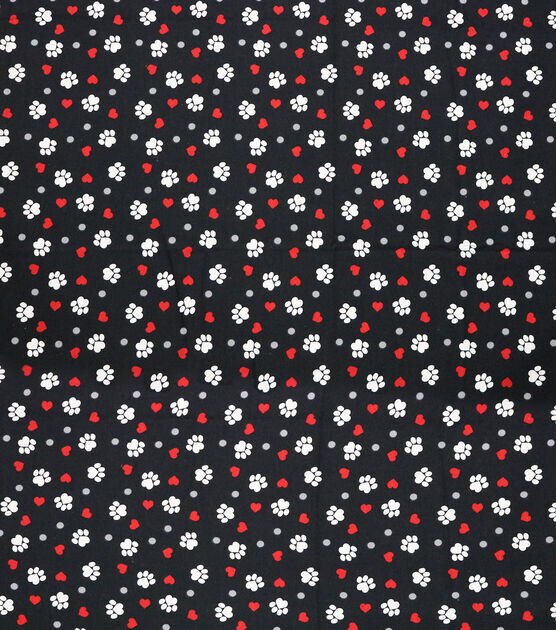 Paw Prints And Hearts On Black Super Snuggle Flannel Fabric, , hi-res, image 2