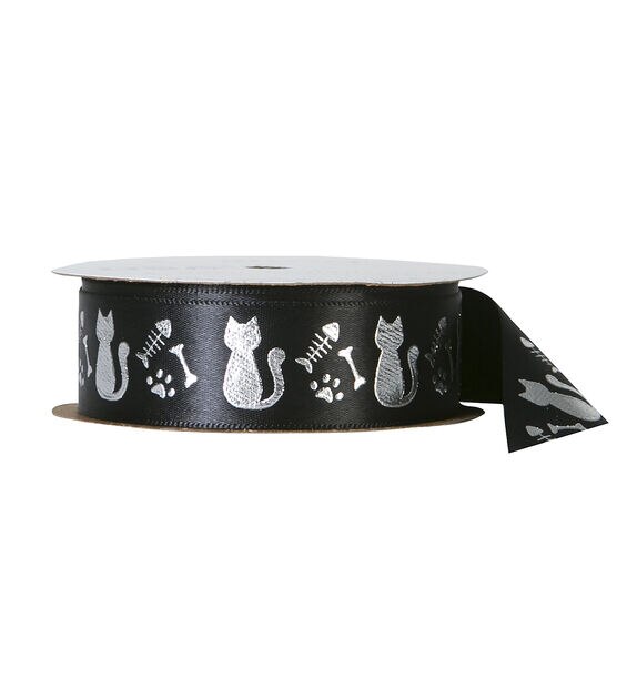 Offray Satin Ribbon 7/8''x9' Kitty Cats on Black