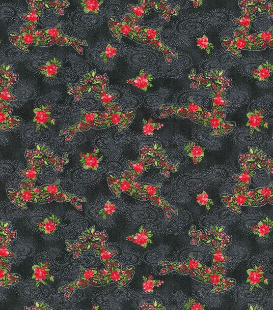 Fabric Traditions Poinsettia Deer Black Christmas Glitter Cotton Fabric, , hi-res, image 2