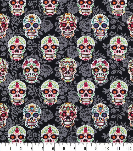 Novelty Cotton Fabric  Decorative Skulls On Black Floral, , hi-res, image 2