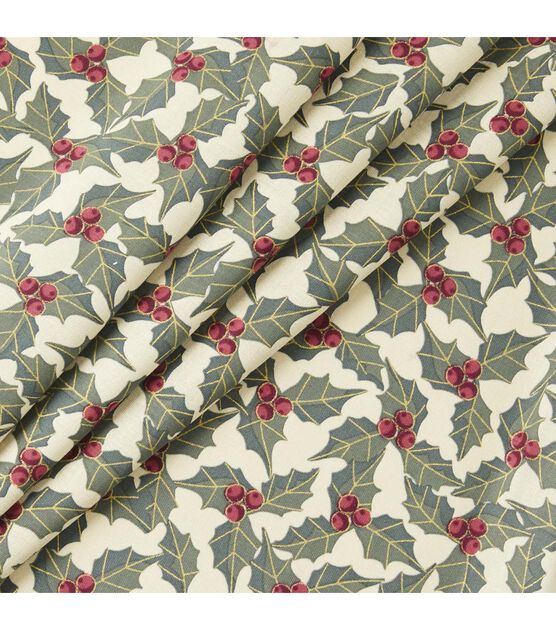Metallic Holly Leaves & Berries Christmas Cotton Fabric, , hi-res, image 2