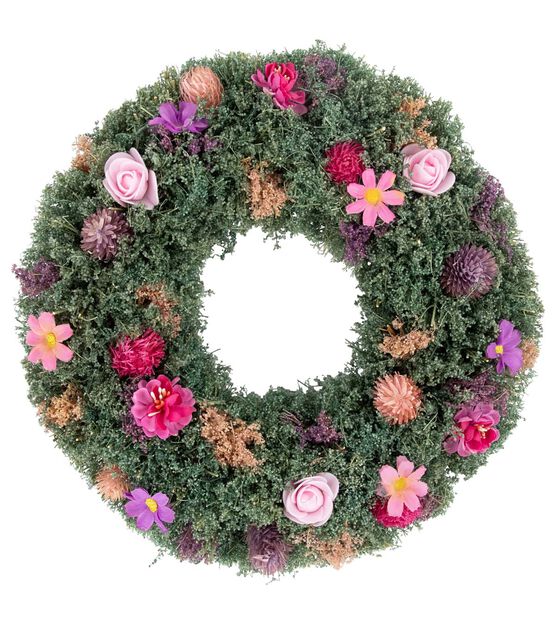 Northlight 13" Spring Pink Roses & Purple Thistle Mixed Floral Wreath