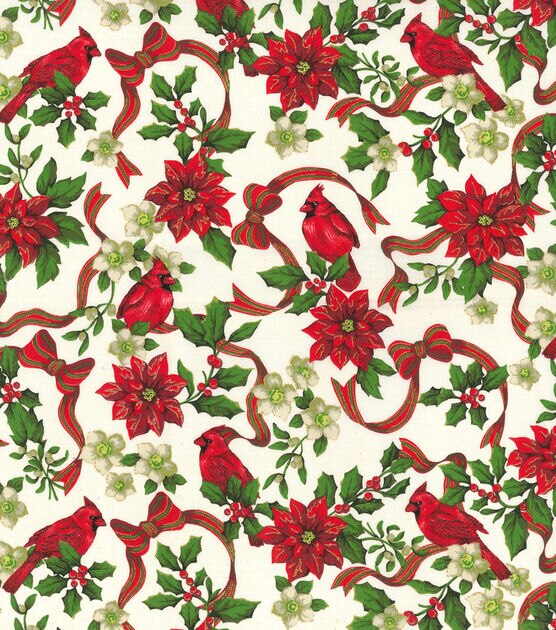 Fabric Traditions Glitter Cardinal & Poinsettia Christmas Cotton Fabric, , hi-res, image 2
