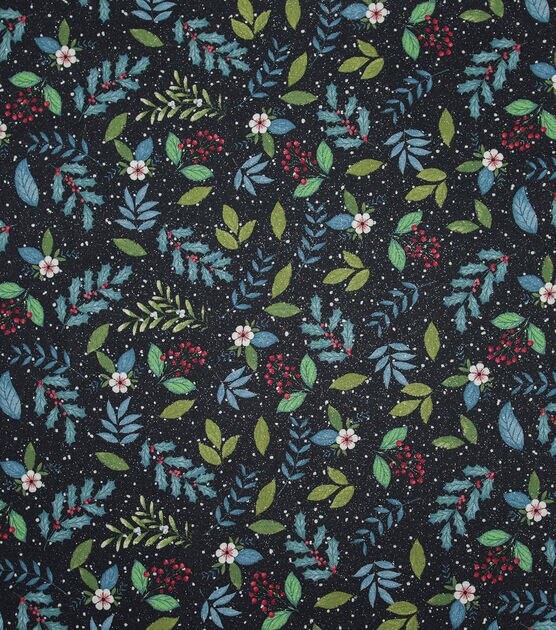 Berries & Leaves on Black Christmas Glitter Cotton Fabric, , hi-res, image 2