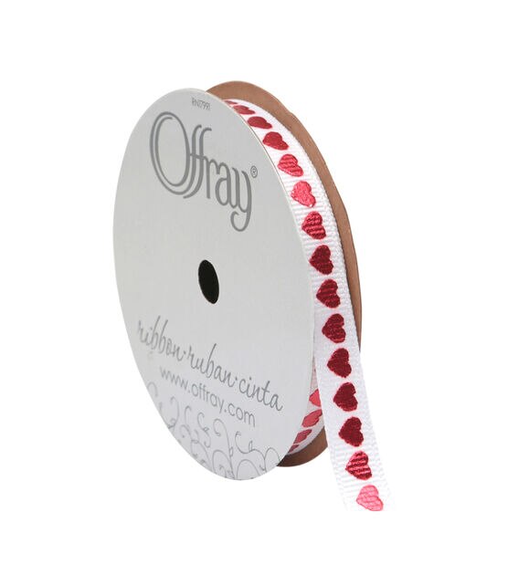 Offray Grosgrain Ribbon 3/8''x9' Red Hearts on White, , hi-res, image 3