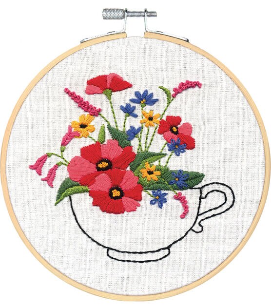 Dimensions 6" Cup of Flowers Embroidery kit
