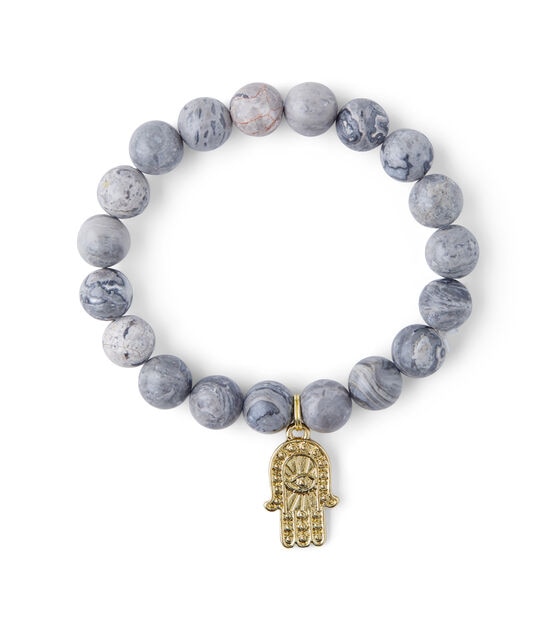 Gray Beaded Stretch Bracelet With Gold Hamsa Charm by hildie & jo, , hi-res, image 2