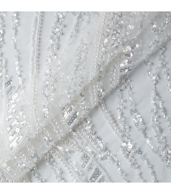 Badgley Mischka White Pearl Sequin Beaded Mesh Fabric, , hi-res, image 4