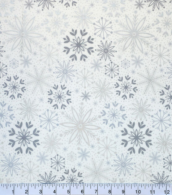 Silver Snowflakes on White Christmas Foil Cotton Fabric, , hi-res, image 3