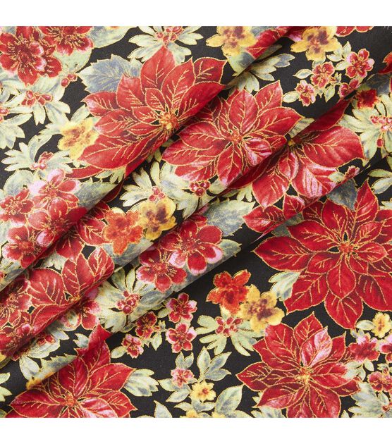 Poinsettias & Floral on Black Christmas Metallic Cotton Fabric, , hi-res, image 2