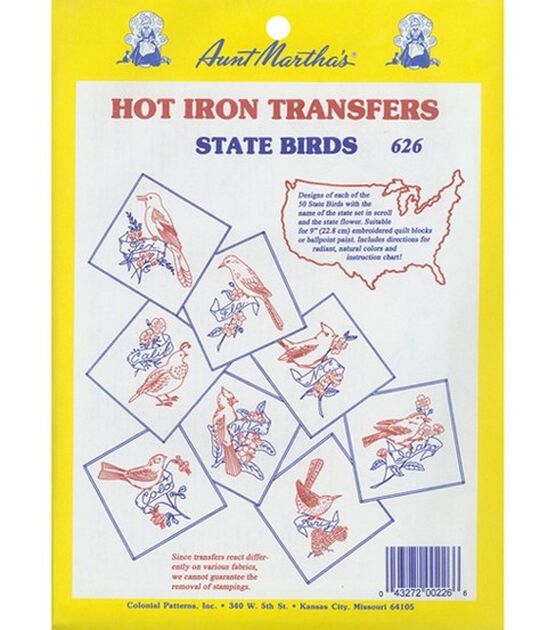 Aunt Martha's 50 State Birds Hot Iron On Transfer Sheets 5ct
