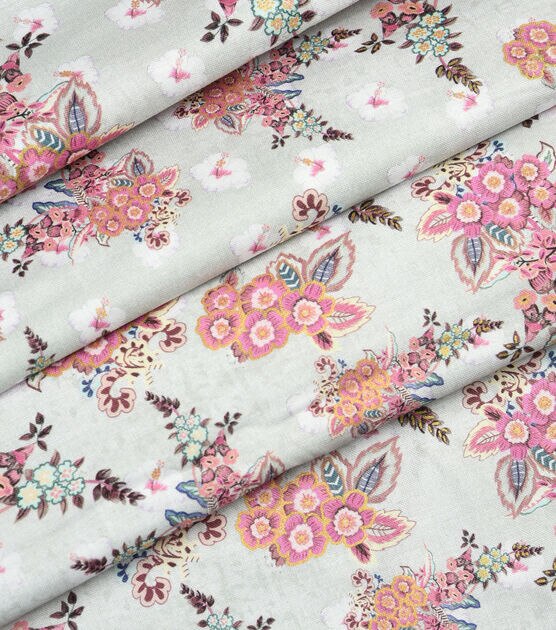 Asian Pink Bouquets on Tan Premium Metallic Cotton Fabric, , hi-res, image 3
