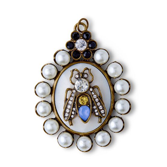 3" x 2" Antique Gold Oval Pendant With Bug & Pearls by hildie & jo, , hi-res, image 2