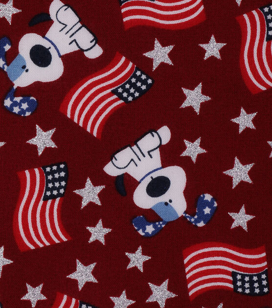 American Flag & Puppy Patriotic Glitter Cotton Fabric